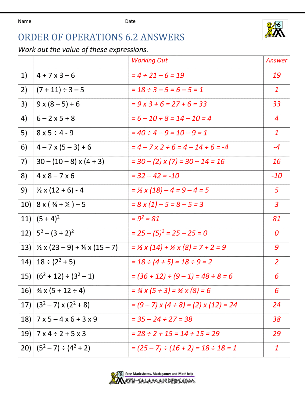 6Th Grade Order Of Operations Worksheets - Worksheets Library with Order Of Operations Free Printable Worksheets With Answers