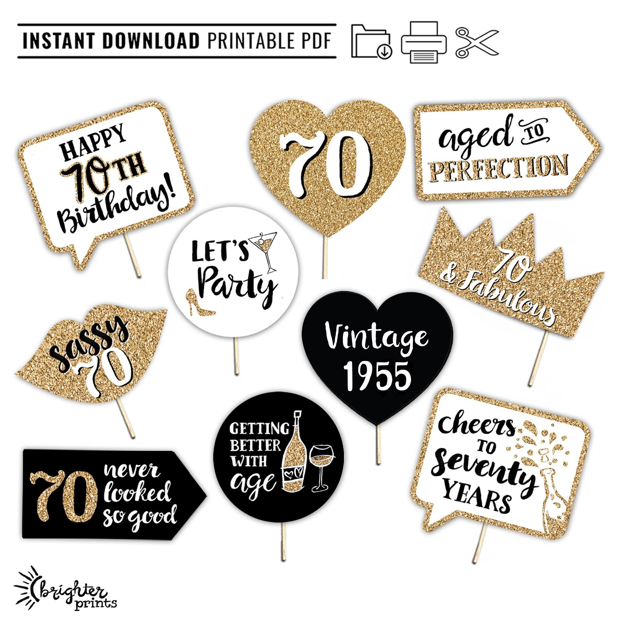 70Th Birthday Printable Photo Booth Props - Gold Black And White regarding Free Printable 70&amp;#039;S Photo Booth Props