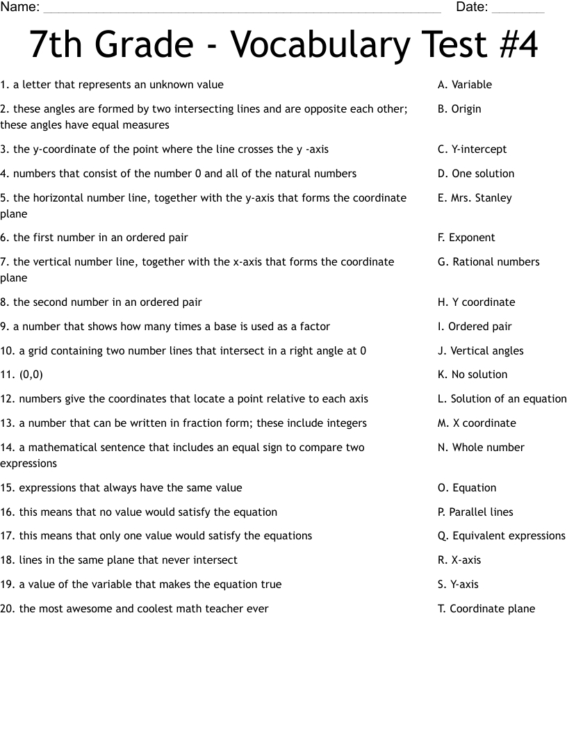 7Th Grade - Vocabulary Test #4 Worksheet - Wordmint for Free Printable 7Th Grade Vocabulary Worksheets