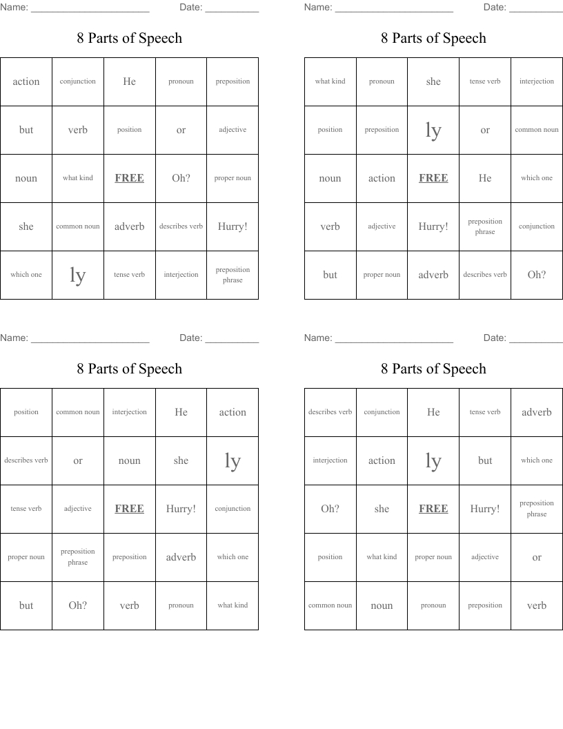 8 Parts Of Speech Bingo Cards - Wordmint intended for Free Printable Parts Of Speech Bingo