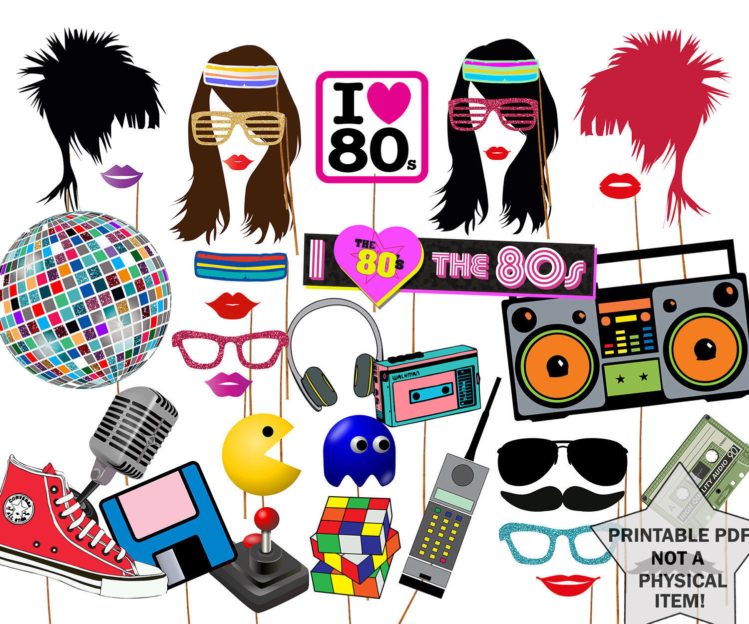 80S Party Photo Booth Props: Printable 36 Piece Set (Digital regarding 80S Photo Booth Props Printable Free