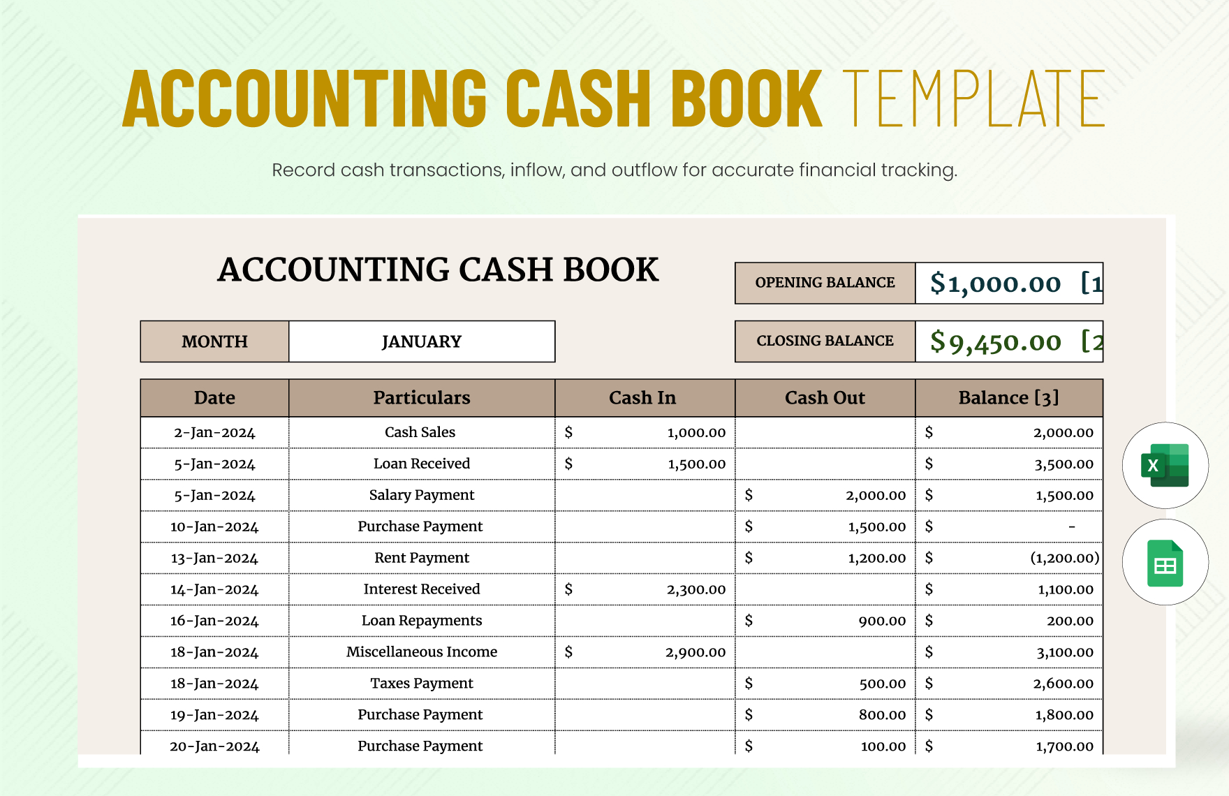 Accounting Cash Book Template In Excel, Google Sheets - Download inside Free Cash Book Template Printable
