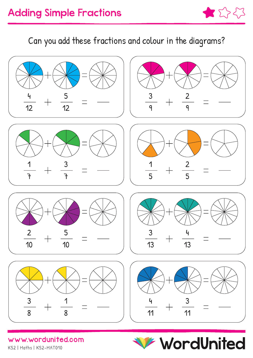 Adding Simple Fractions - Colour & Write - Wordunited intended for Free Printable Fraction Worksheets Ks2