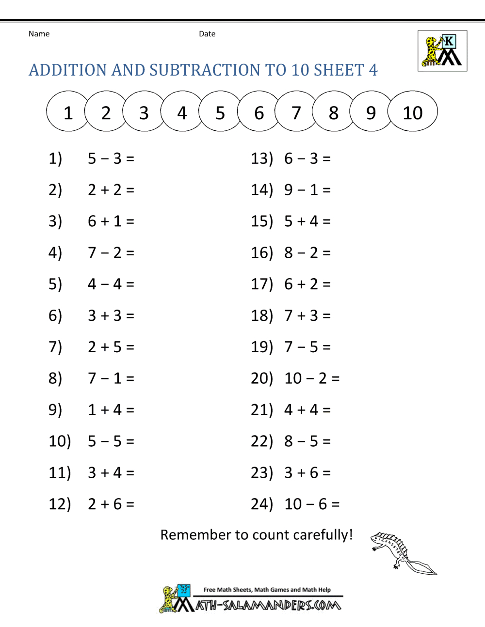 Addition And Subtraction Worksheets For Kindergarten intended for Free Printable Addition And Subtraction Worksheets