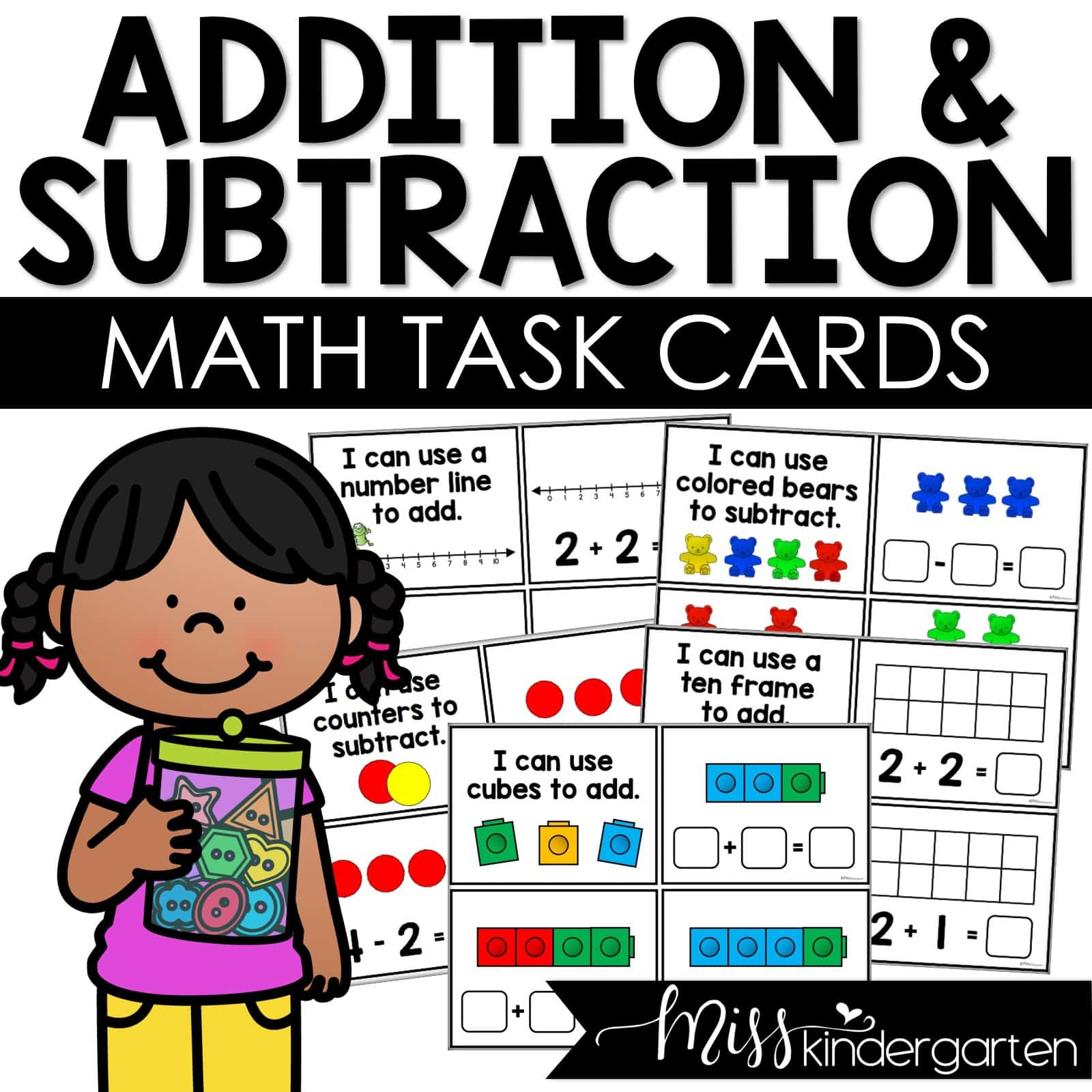 Addition Task Cards For Kindergarten Math Practice - Miss Kindergarten intended for Free Printable Kindergarten Task Cards