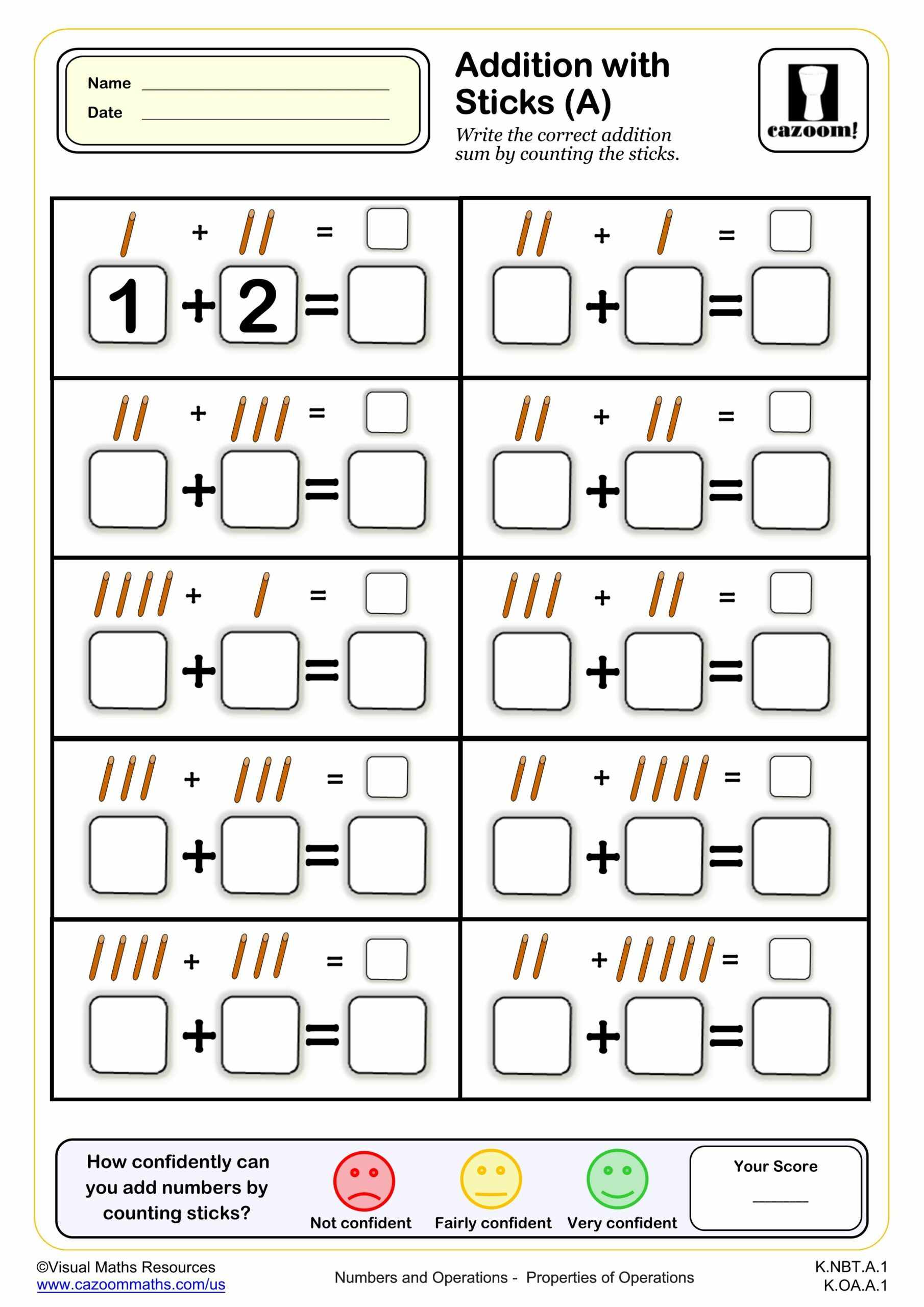 Addition With Sticks (A) | Fun And Engaging K Grade Pdf Worksheets pertaining to Free Printable Addition Worksheets