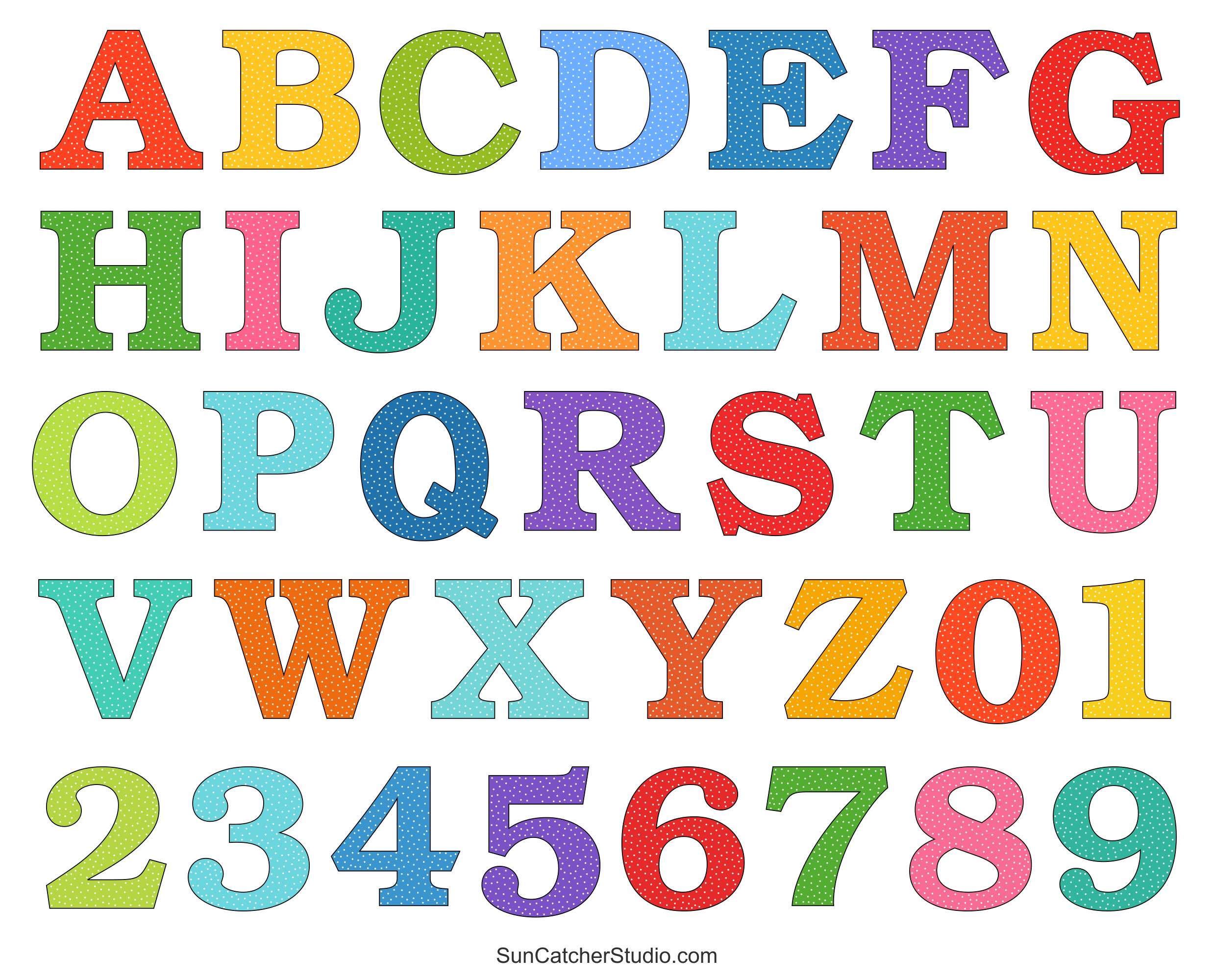 Alphabet Letters And Numbers With A Colorful Polka Dot Design within Free Printable Letters And Numbers