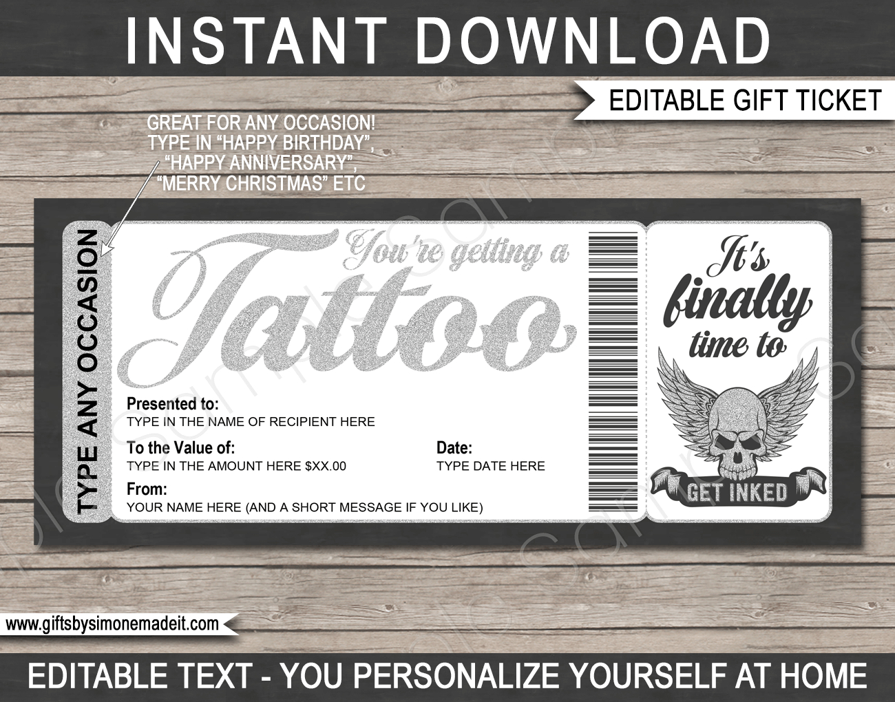 Any Occasion Tattoo Gift Certificate Card with Free Printable Tattoo Gift Certificates