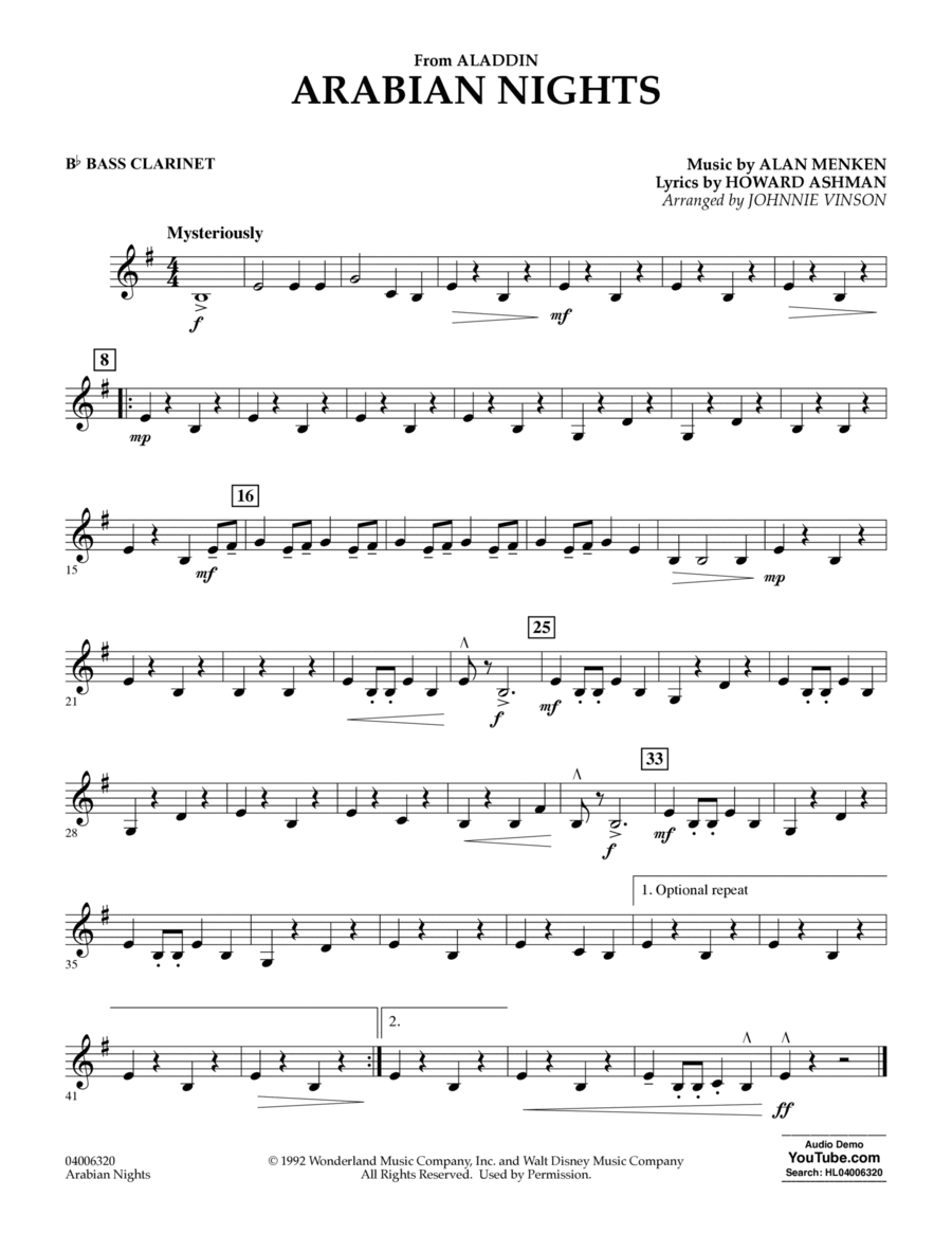 Arabian Nights (From Disneys Aladdin) (Arr. Johnnie Vinson) - Bb within Free Sheet Music For Clarinet Printable