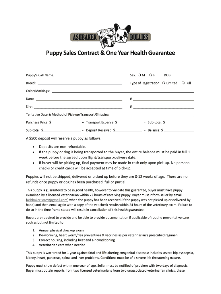 Ashbaker Bullies Puppy Sales Contract One Form - Fill Online intended for Free Printable Puppy Sales Contract
