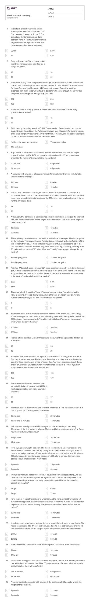 Asvab Arithmetic Reasoning Practice: Comparing Amounts - Dummies inside Free Printable Asvab Math Practice Test