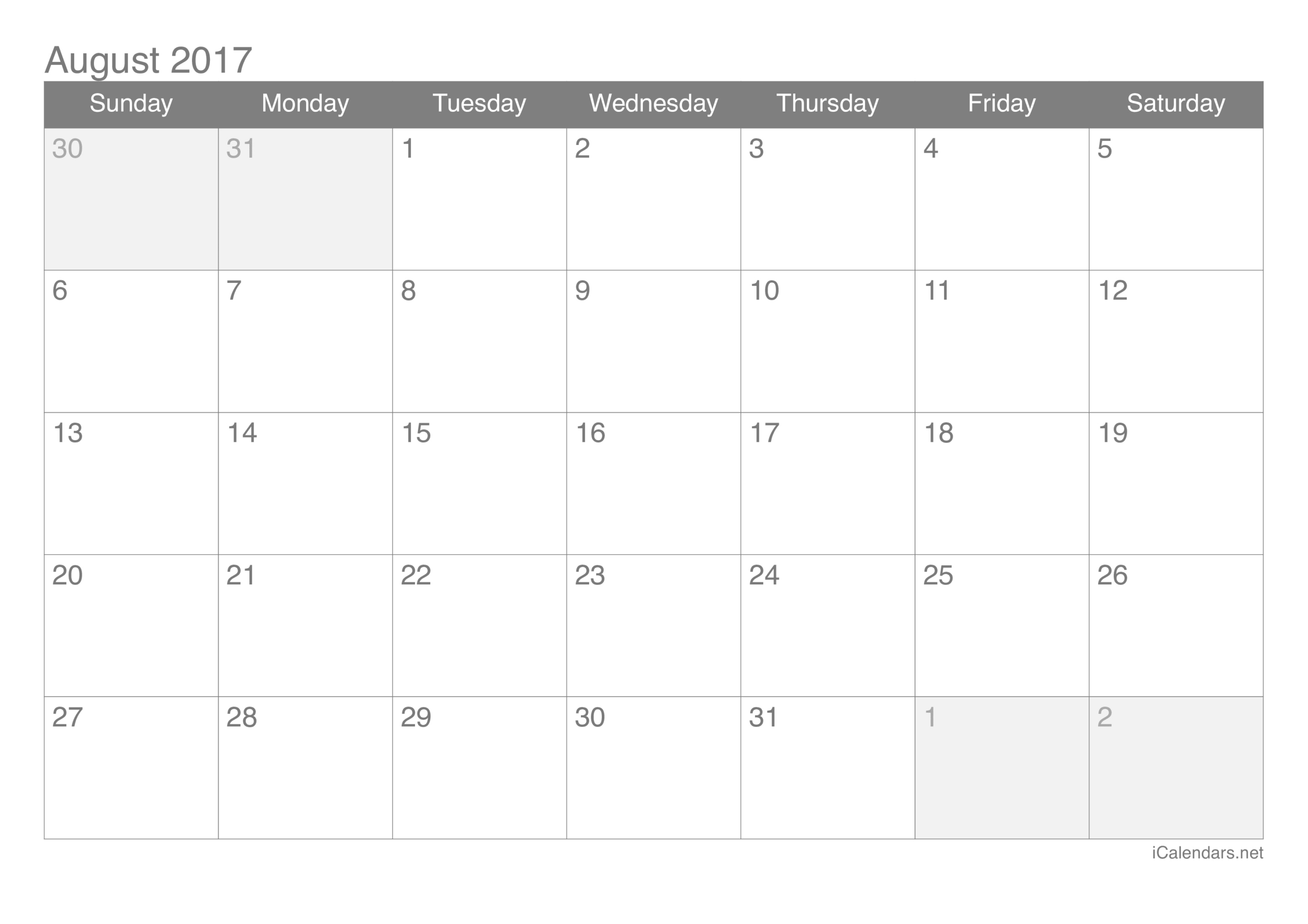 August 2017 Printable Calendar for Free Printable August 2017