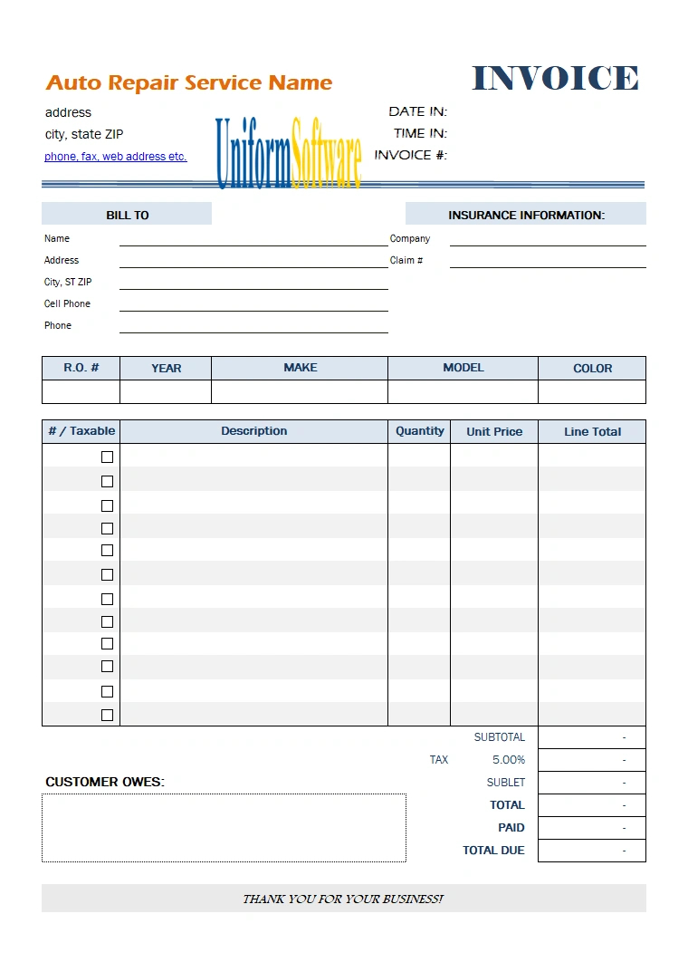 Auto Repair Invoice Template with regard to Free Printable Auto Repair Invoice Template