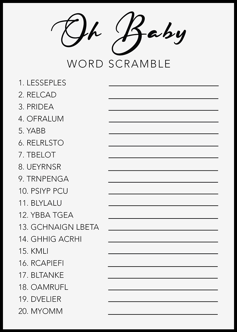 Baby Shower Games - Free Printables - Word Scrambles - with regard to Free Printable Baby Shower Word Scramble