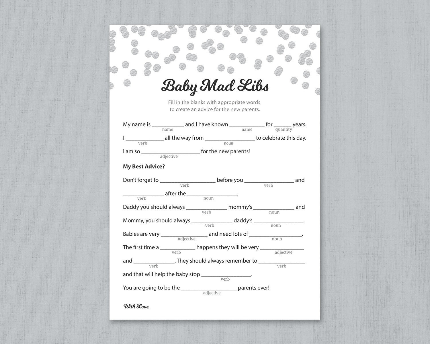 Baby Shower Mad Libs Printable, Advice For The New Parents, Grey pertaining to Baby Shower Mad Libs Printable Free