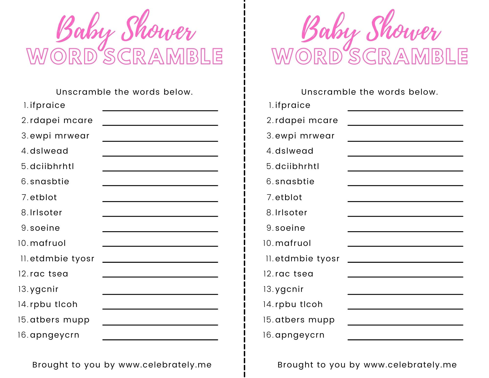 Baby Shower Word Scramble With Answers (4 Free Designs for Free Printable Baby Shower Word Scramble