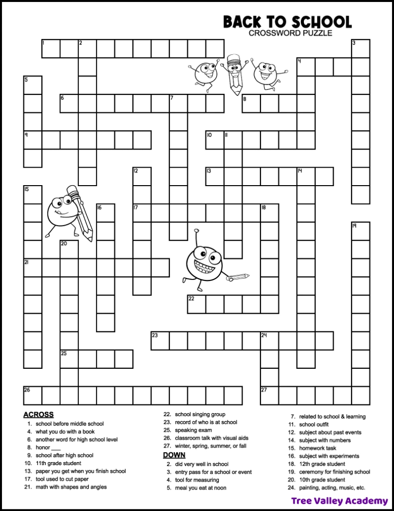 Back To School Crossword Middle School - Tree Valley Academy with Free Daily Printable Crosswords