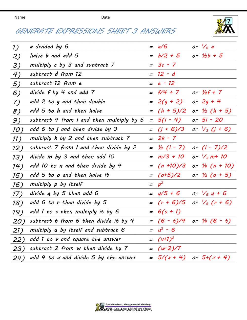 Basic Algebra Worksheets in Free Printable Algebra Worksheets With Answers