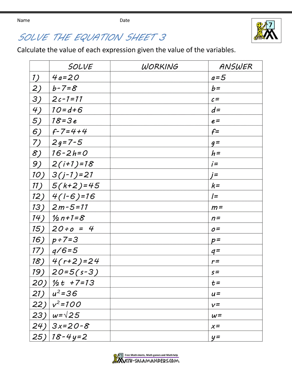 Basic Algebra Worksheets in Free Printable Algebra Worksheets With Answers