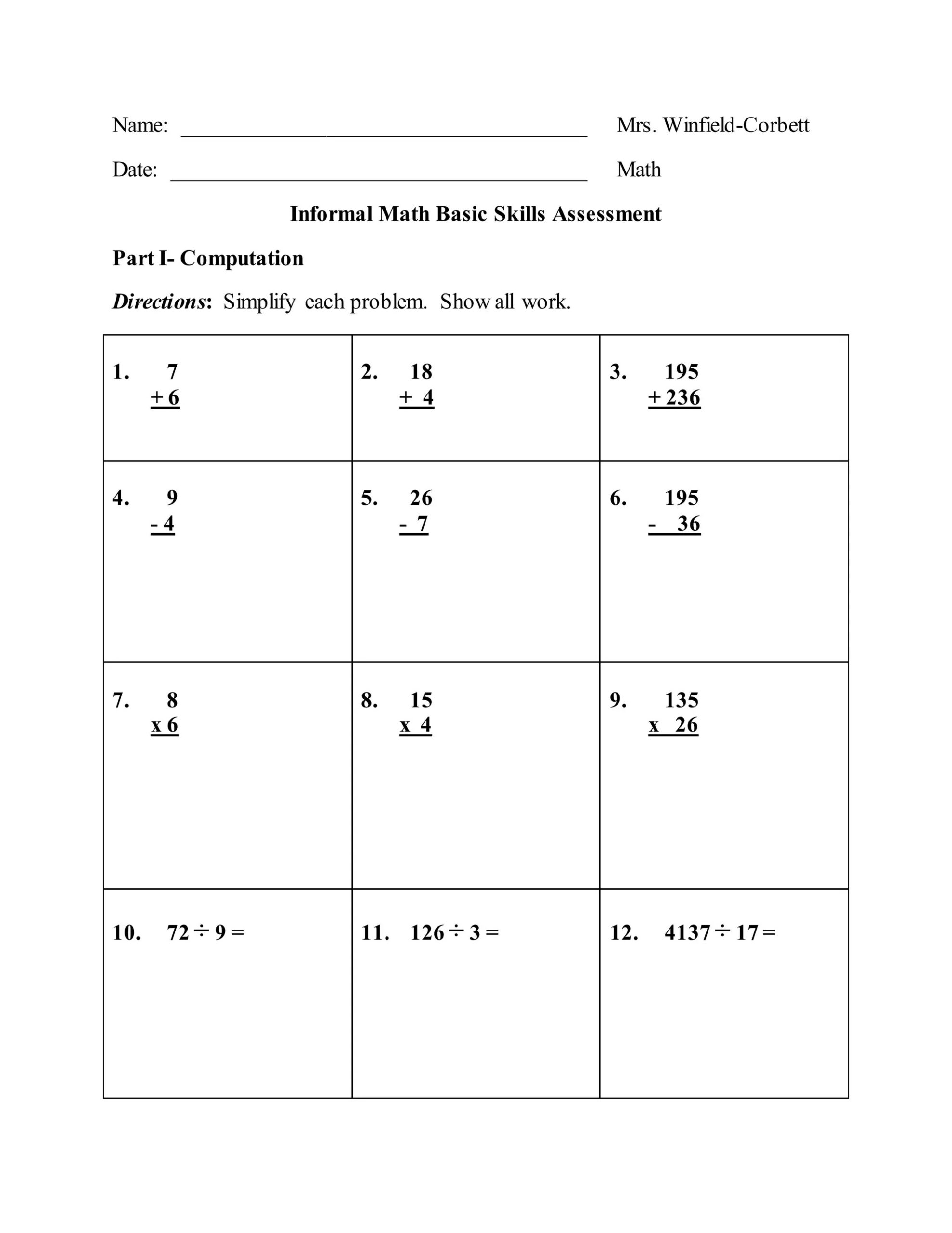 Basic Math Skills Pre-Assessment | Docx for Free Printable Informal Math Assessments