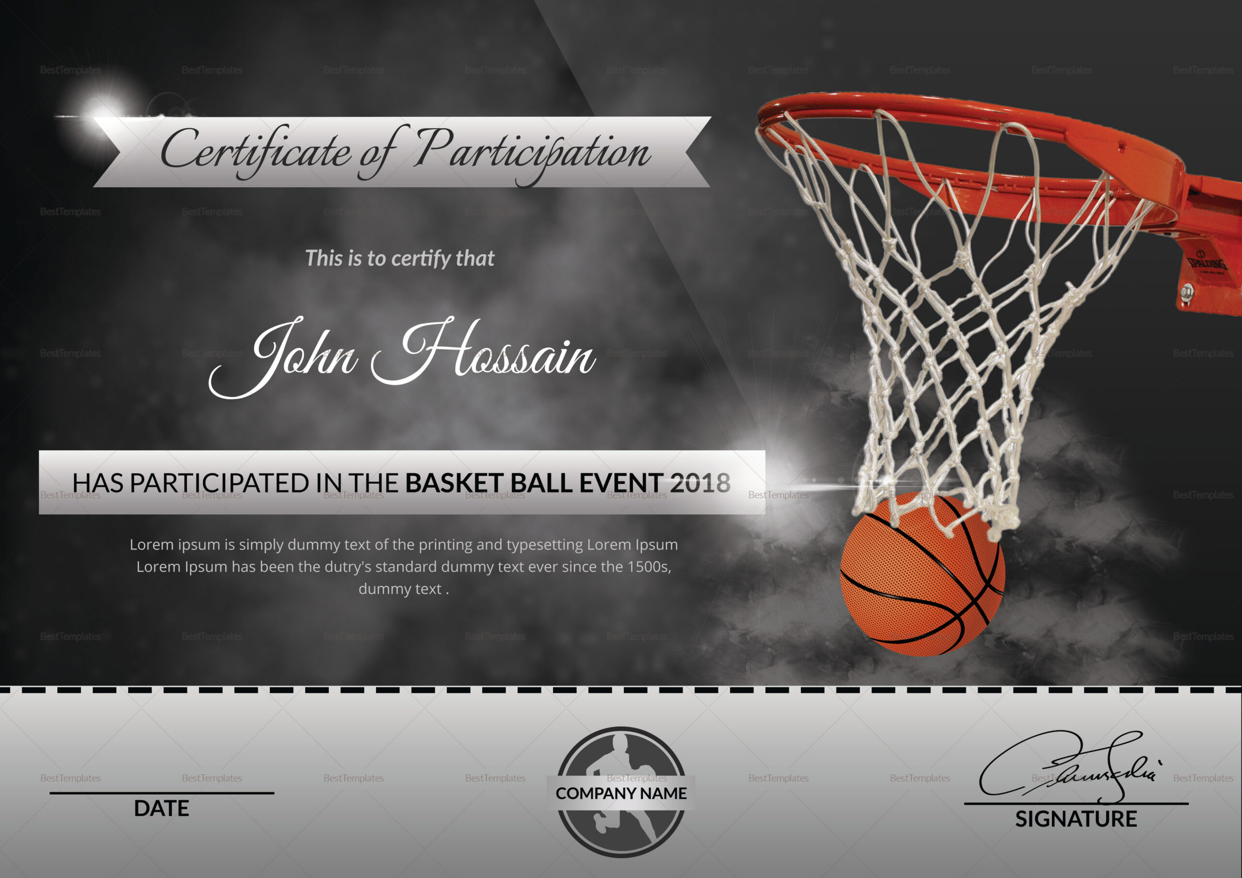 Basketball Participation Certificate Design Template In Word, Psd in Basketball Participation Certificate Free Printable