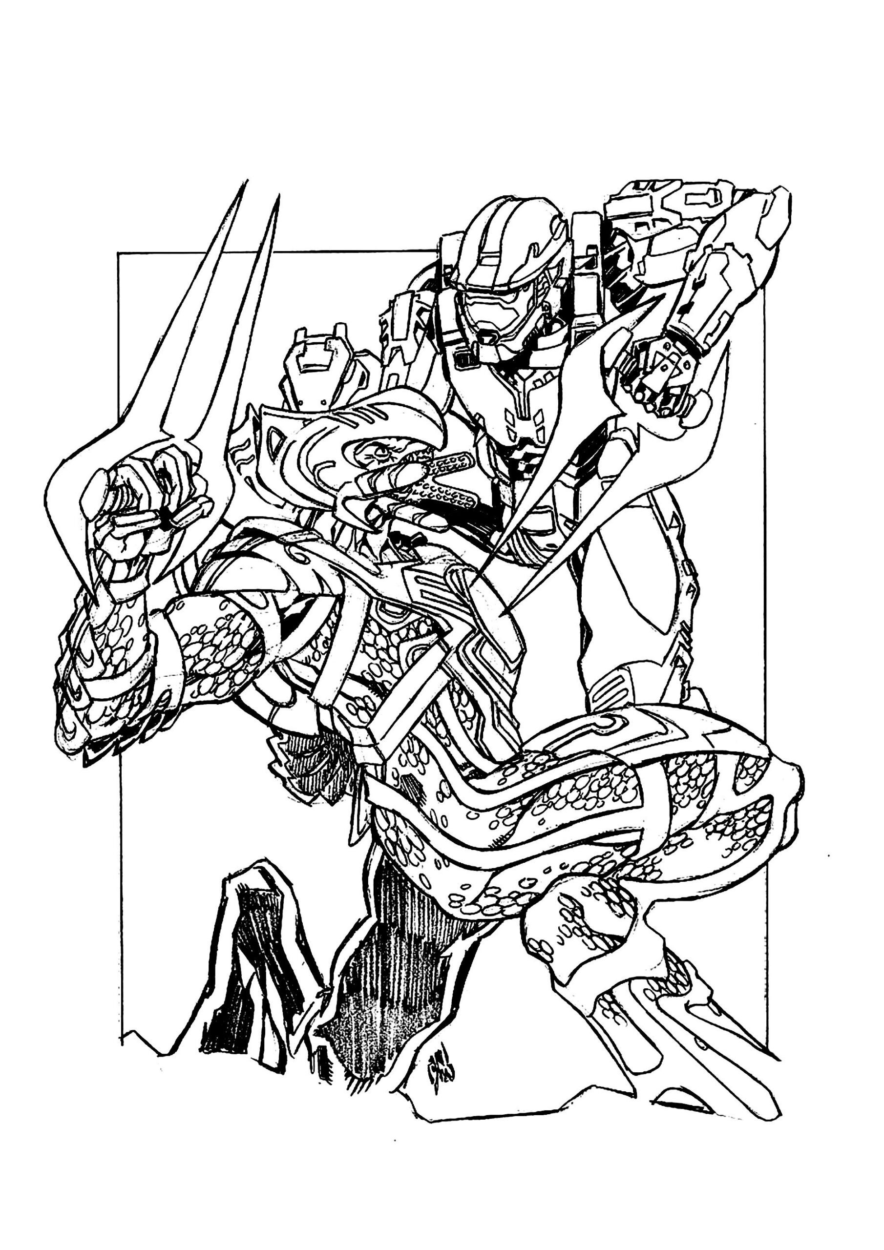Battle Between A Soldier And An Alien - Halo Coloring Pages pertaining to Free Printable Halo Coloring Pages