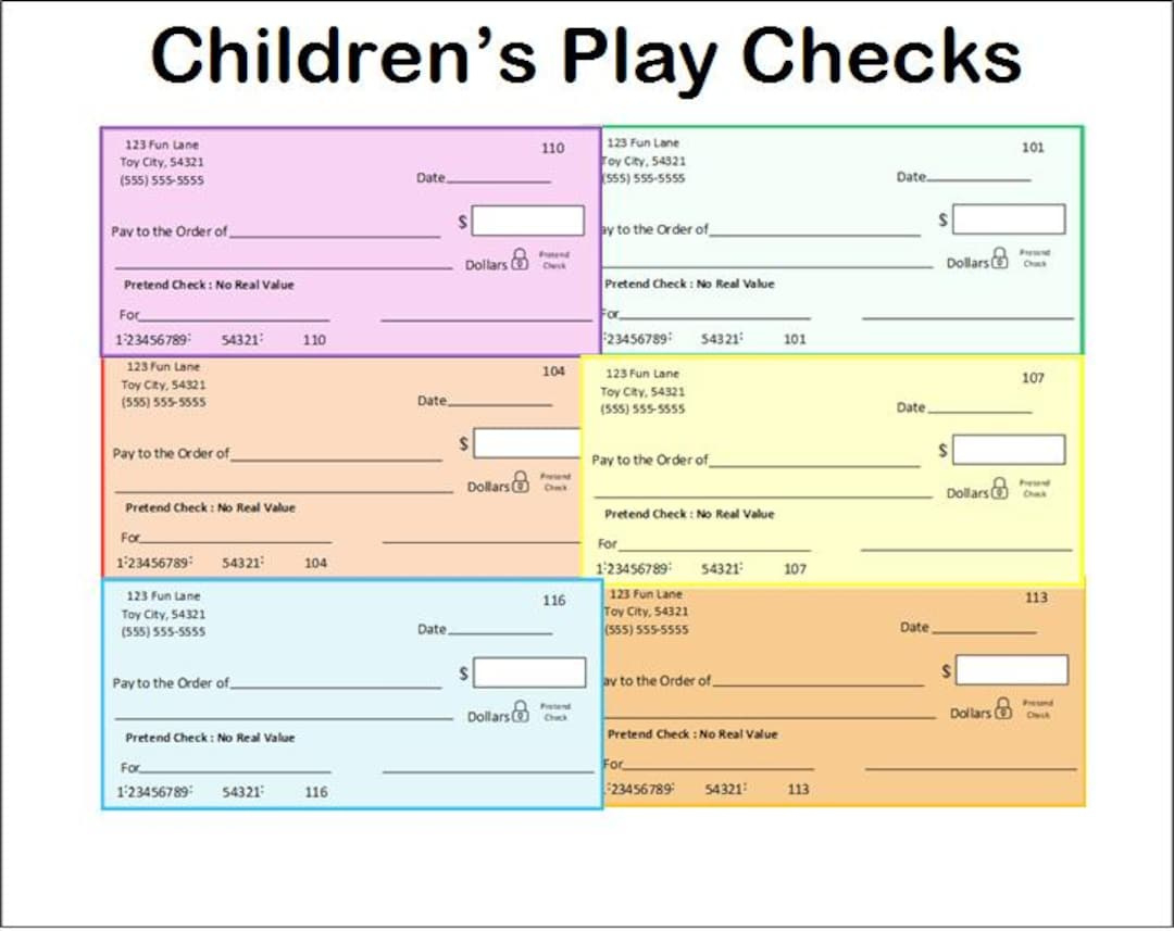 Bearbeitbare Kinderspiel Checks ~ Druckbare Pretend Play Checks ~ Spielzeug  Checks ~ Kinder Checks ~ Pretend Checks ~ Fake Checks ~ Dramatisches Spiel with regard to Free Printable Play Checks