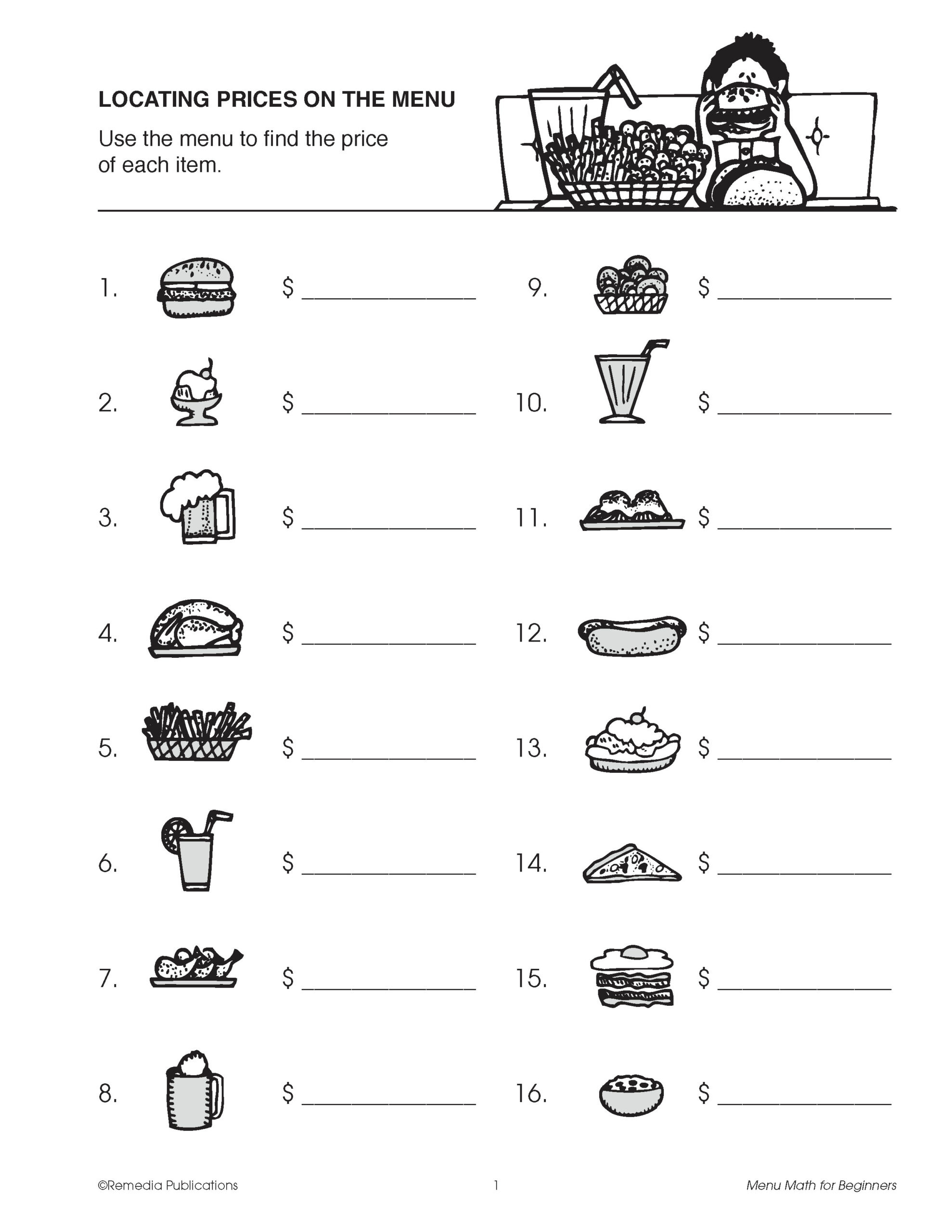Beginning Menu Math: Addition, Subtraction, Multiplication intended for Free Printable Menu Math Worksheets