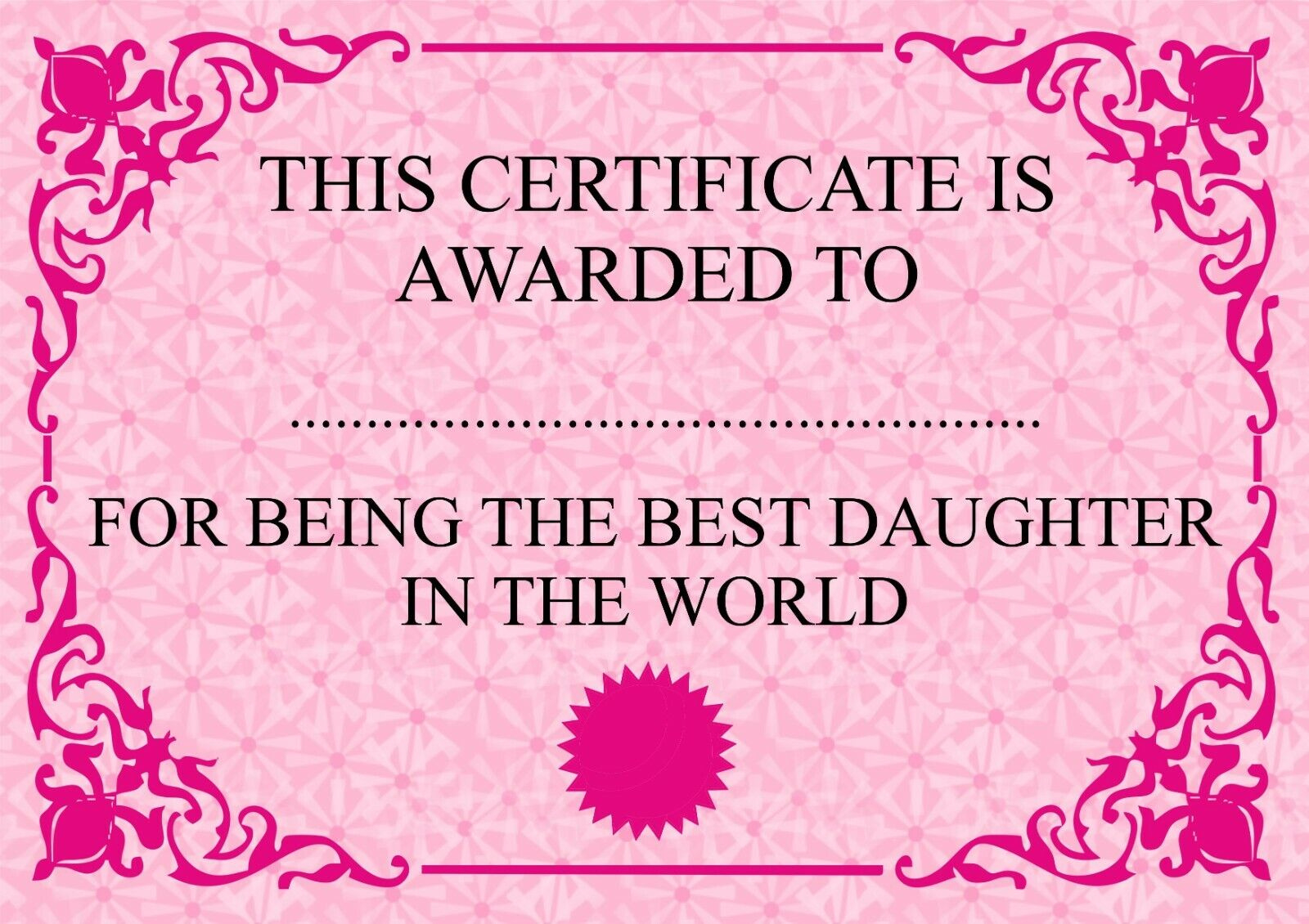 Best Daughter In The World Certificate Pink New Free Post | Ebay in Free Printable Best Daughter Certificate