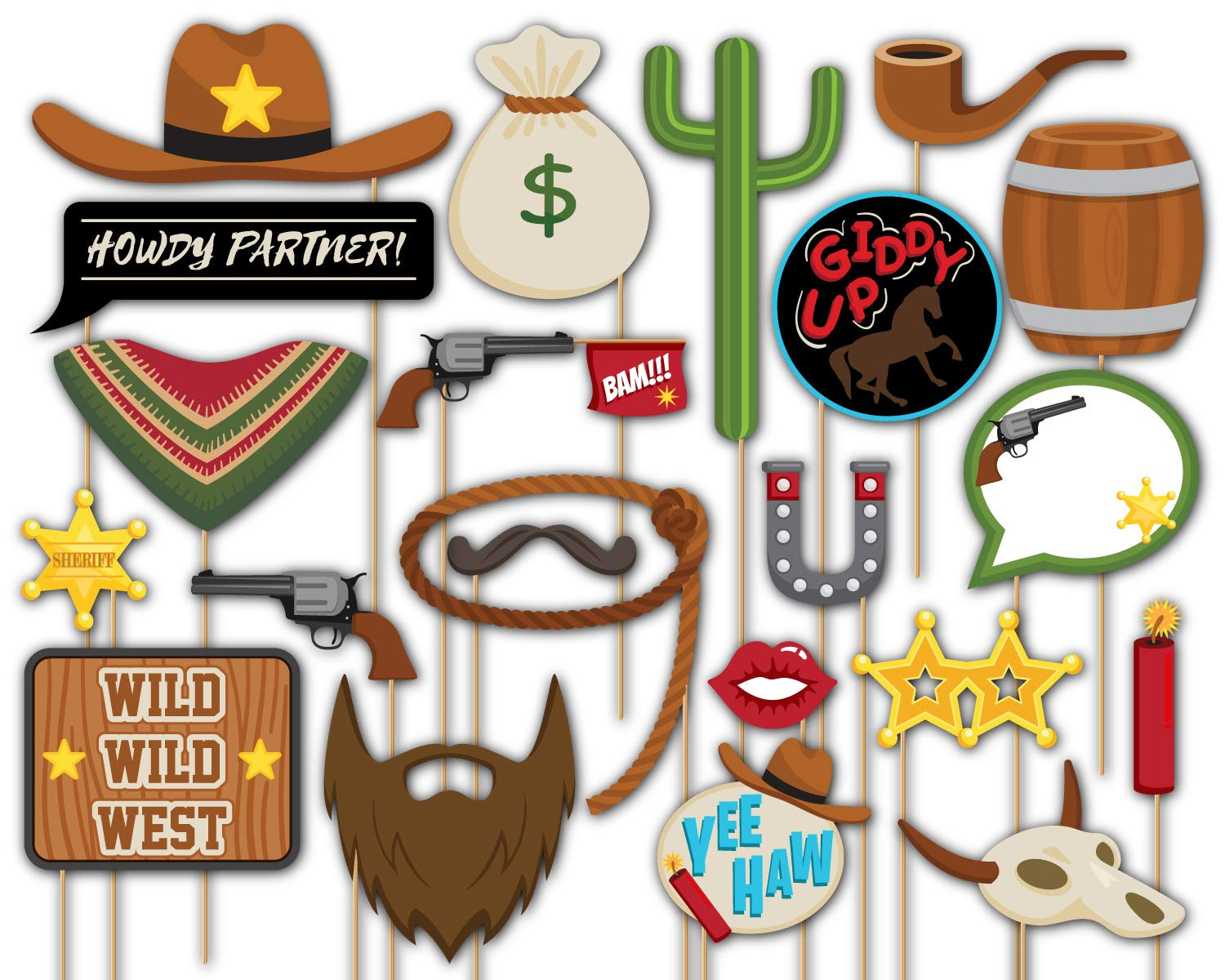 Birthday Galore Cowboy Western Photo Booth Props Kit - 20 Pack for Free Printable Western Photo Props