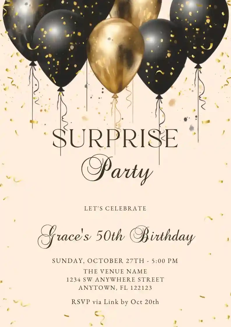 Black And Gold Balloons - Free Adults Birthday Invitation within Free Printable Surprise Party Invitations