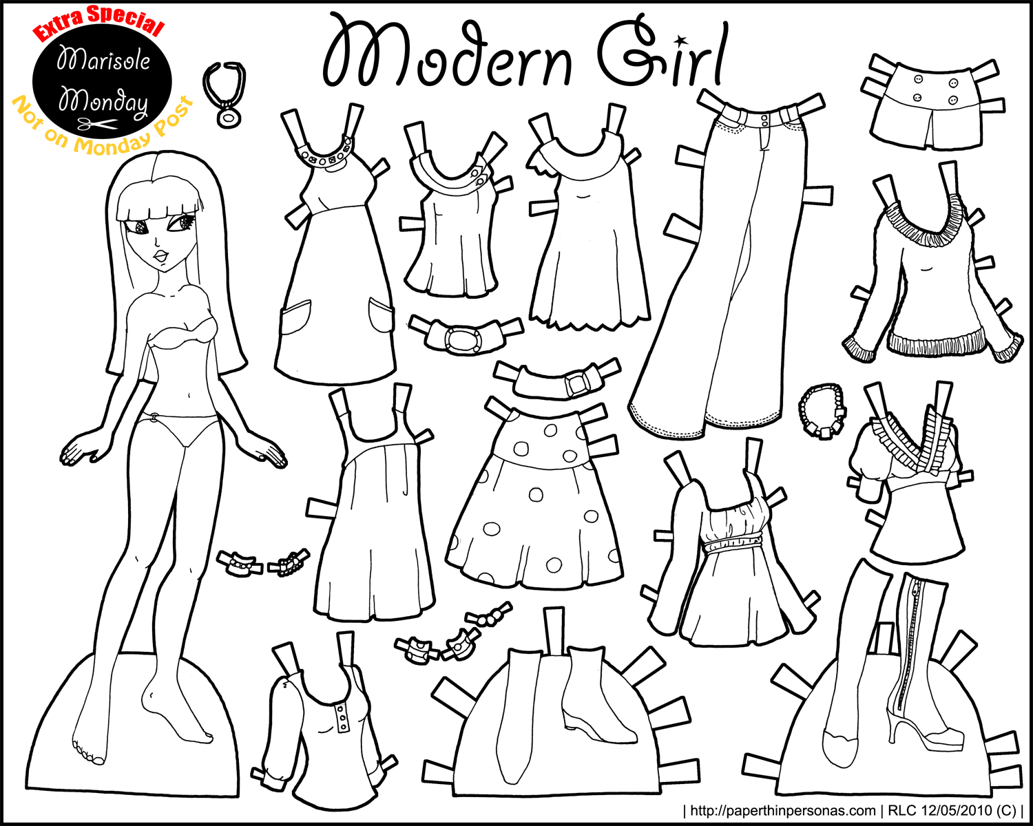 Black And White Printable Paper Doll • Modern Girl - Worksheets with Free Printable Dress Up Paper Dolls
