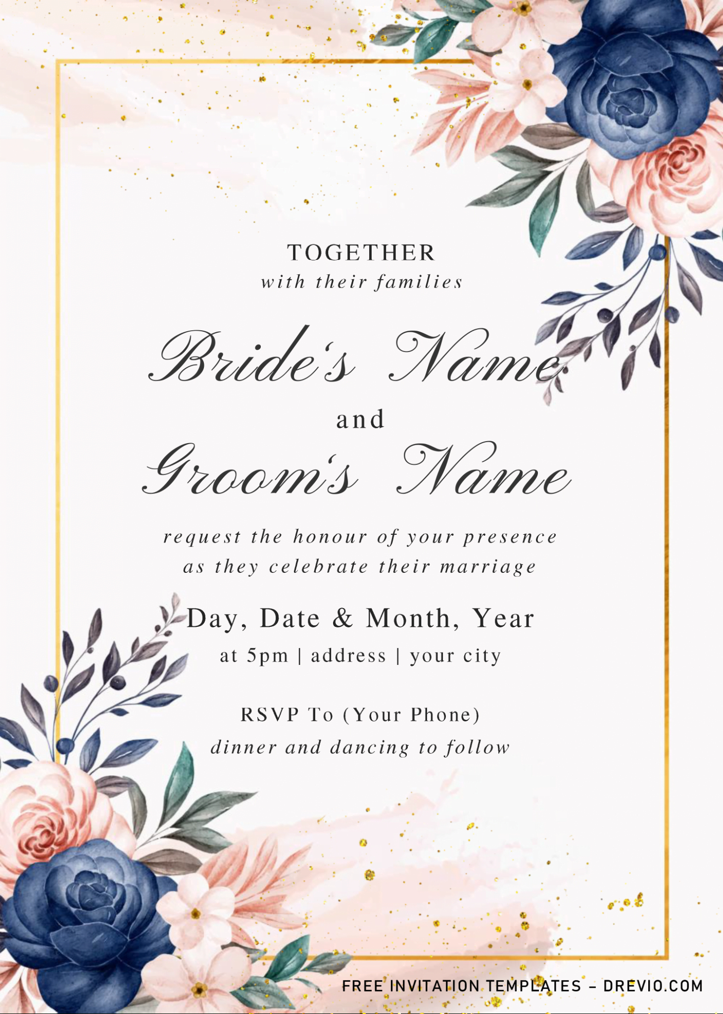 Blue Rose Invitation Templates – Editable With Ms Word within Free Printable Wedding Invitation Templates For Microsoft Word