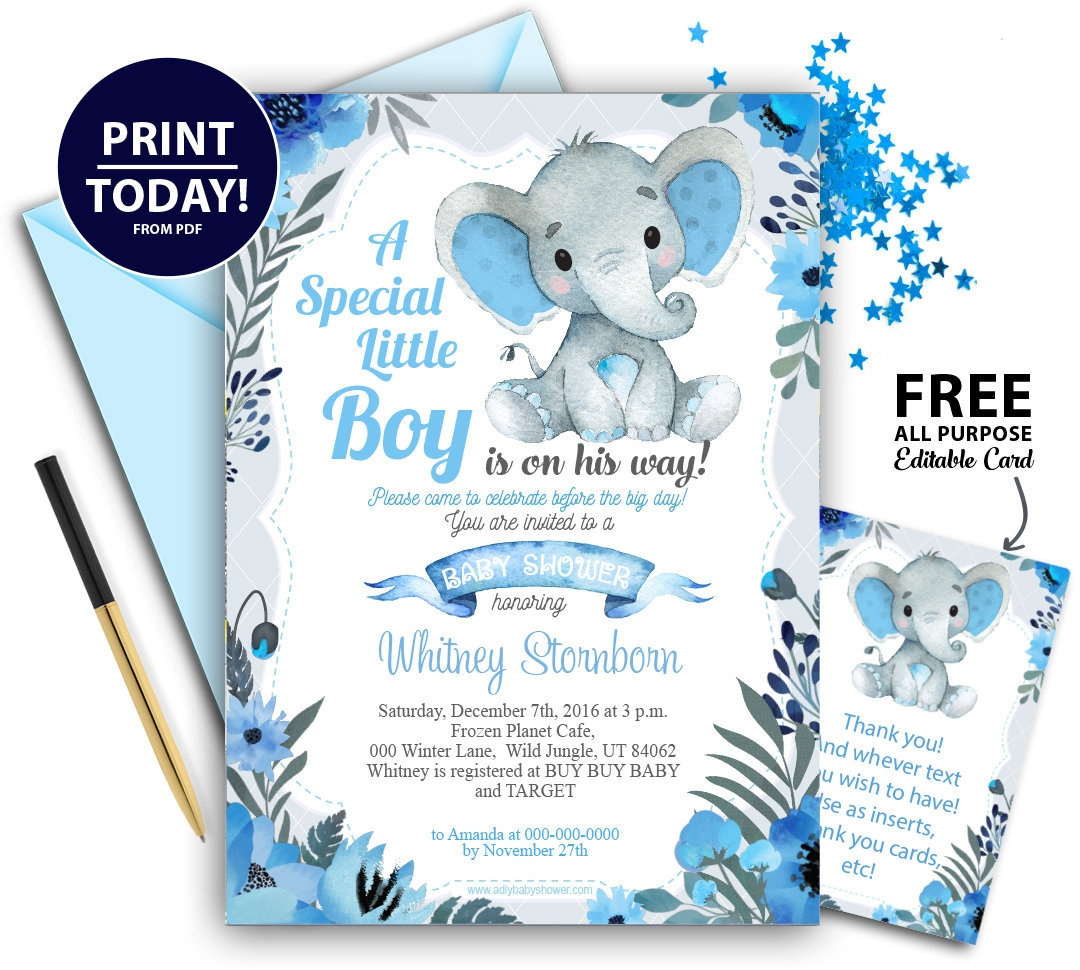 Boy Elephant Baby Shower Invitation With Blue Gray Flowers in Free Printable Elephant Baby Shower Invitations