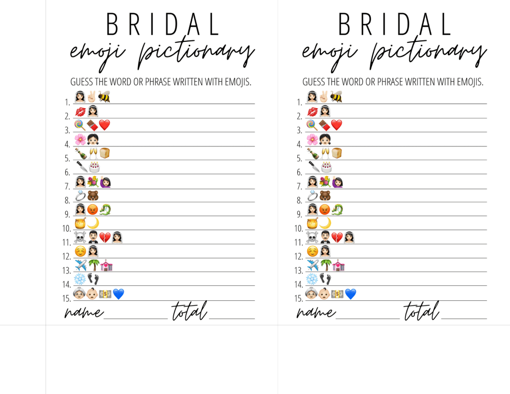 Bridal Emoji Pictionary Free Printable | Modern Moh throughout Emoji Bridal Shower Game Free Printable