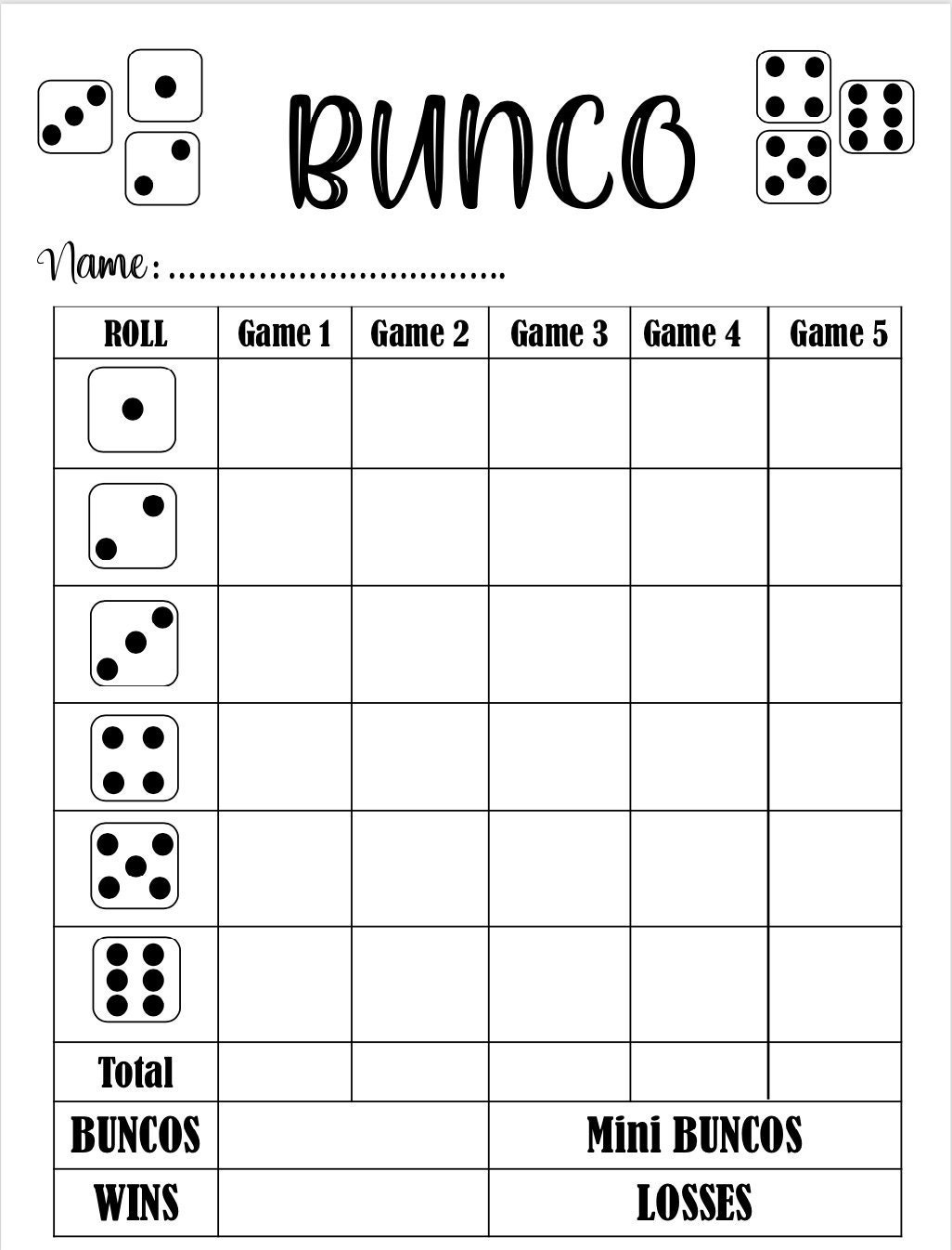 Bunco Score Card - Bunco Scoresheet - Bunco Score Pads - Printable for Free Printable Bunco Game Sheets