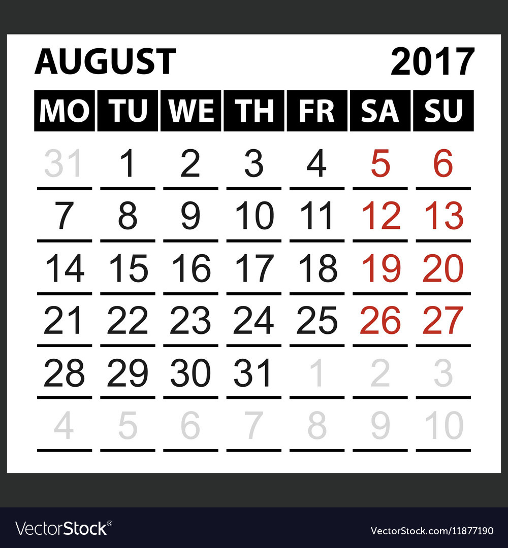 Calendar Sheet August 2017 Royalty Free Vector Image - Worksheets within Free Printable August 2017