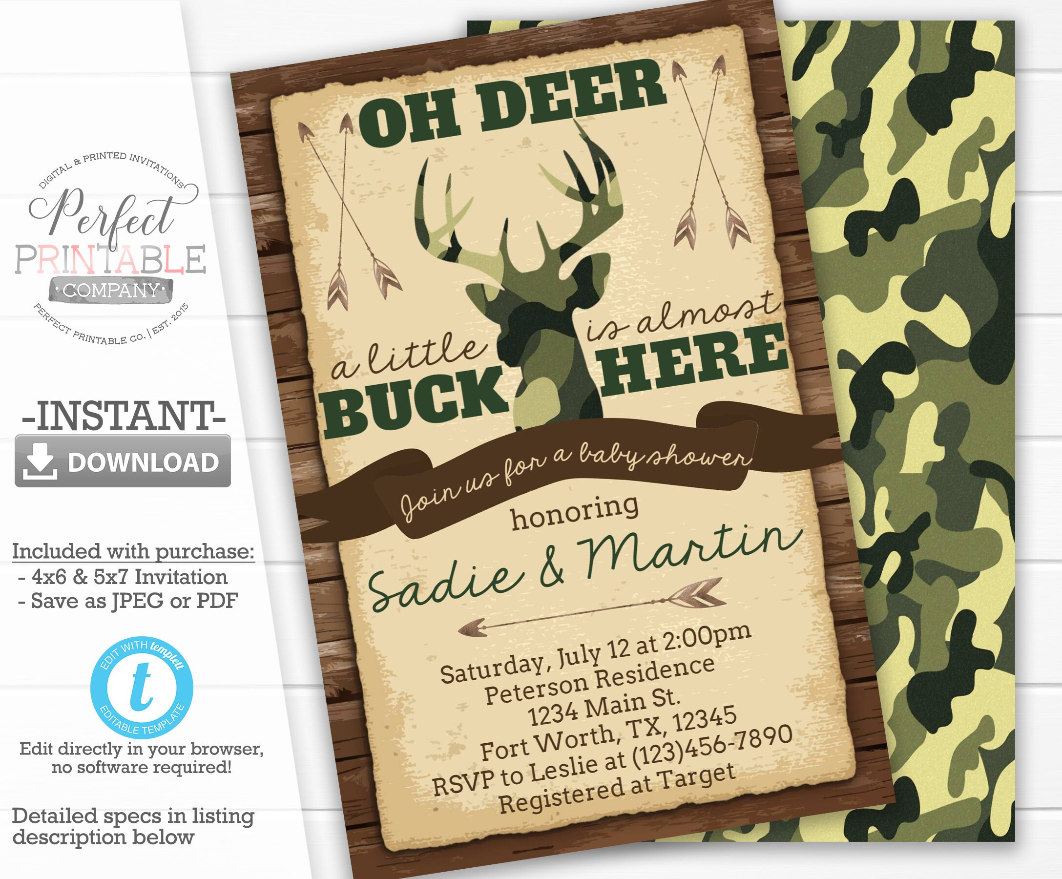 Camouflage Deer Baby Shower Invitation, Antler Baby Shower with Free Printable Camo Baby Shower Invitations
