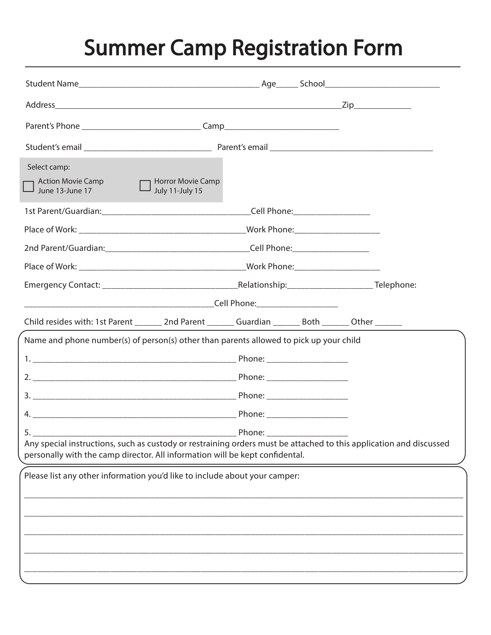 Camp Registration Forms for Free Printable Summer Camp Registration Forms