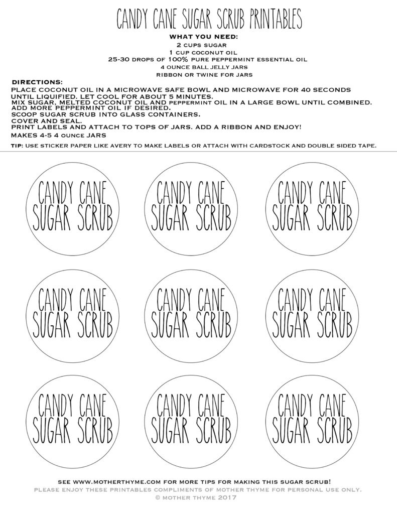 Candy Cane Sugar Scrub + Free Printable Labels - Mother Thyme for Free Printable Sugar Scrub Labels