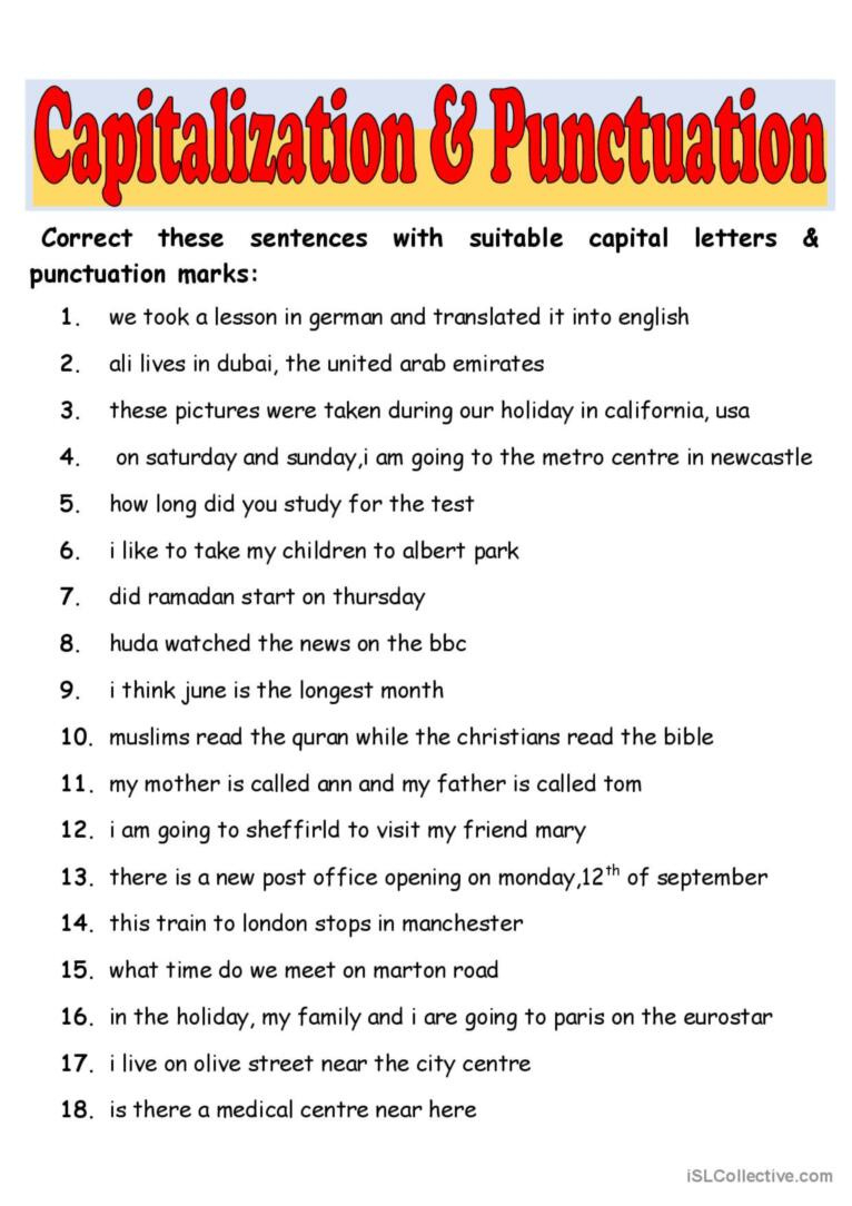 Capitalization & Punctuation: English Esl Worksheets Pdf & Doc with Free Printable Worksheets For Punctuation And Capitalization