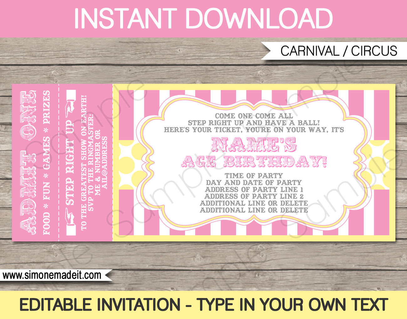 Carnival Ticket Invitation Template - Pink/Yellow throughout Free Printable Ticket Invitation Templates
