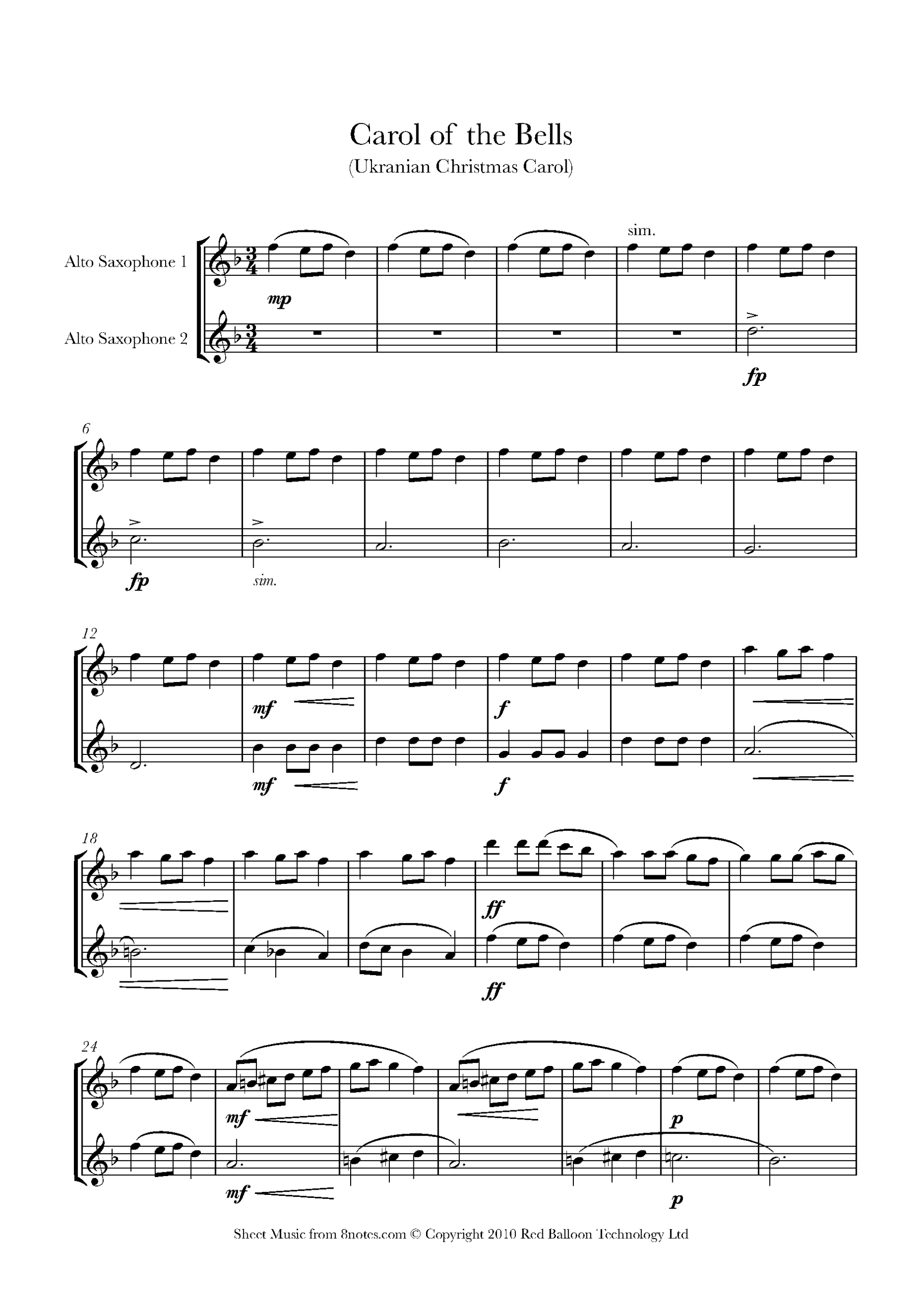 Carol Of The Bells For Alto Saxophone Duet - Free Sheet Music For pertaining to Free Printable Alto Saxophone Sheet Music