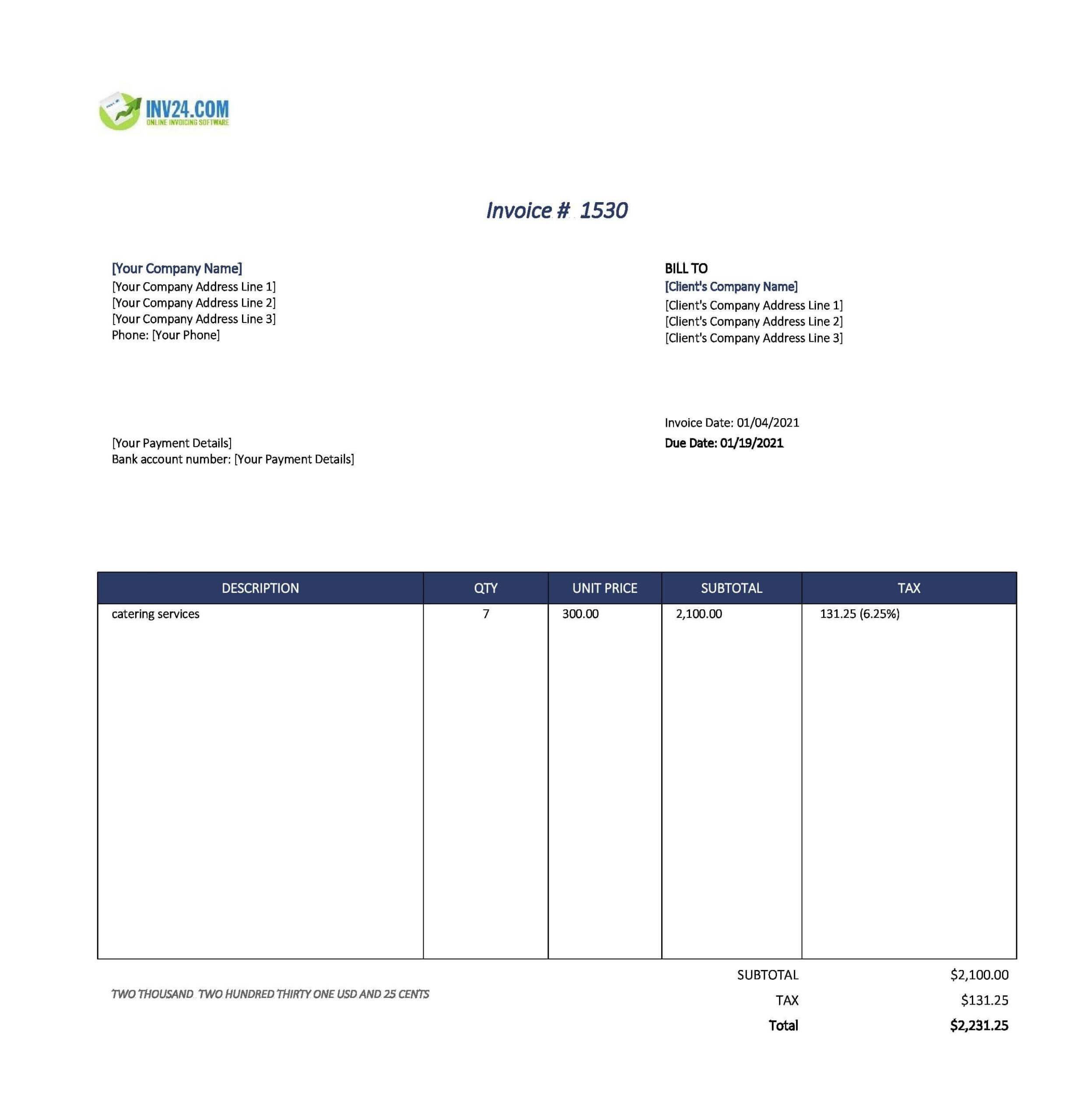 Catering Invoice Template (Excel / Google Sheets) within Free Printable Catering Invoice Template