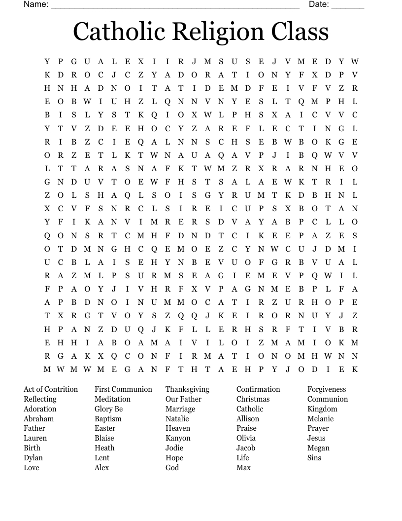Catholic Religion Class Word Search - Wordmint in Free Printable Catholic Word Search