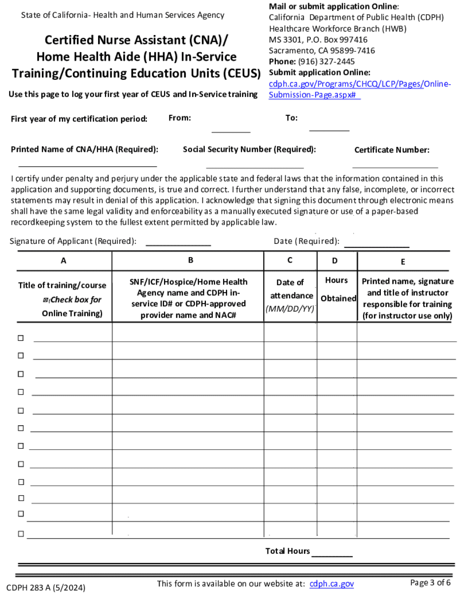 Cdph 283 A - Fill & Edit Printable Pdf Forms Online for Free Printable Cna Inservices