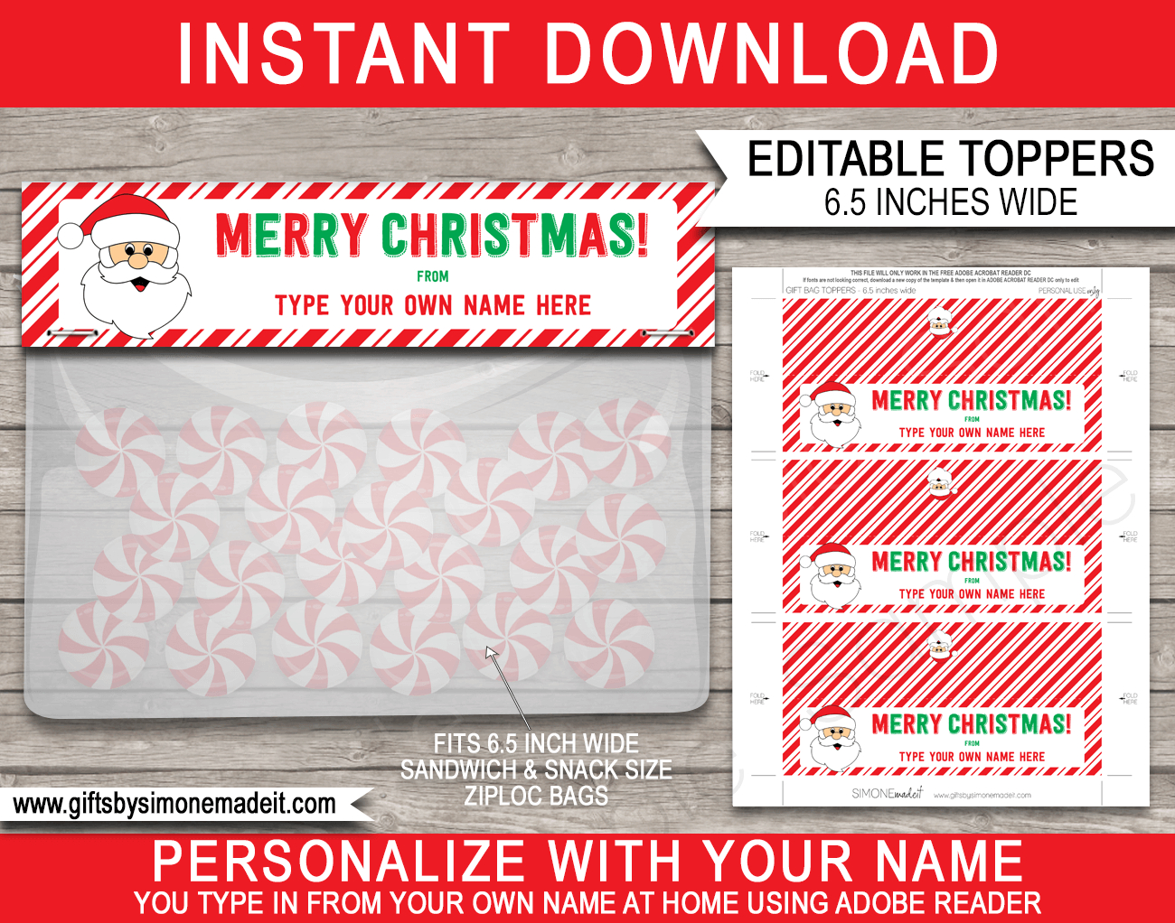 Christmas Bag Toppers (Santa) - 6.5 Inch Wide - Red & Green pertaining to Free Printable Christmas Bag Toppers