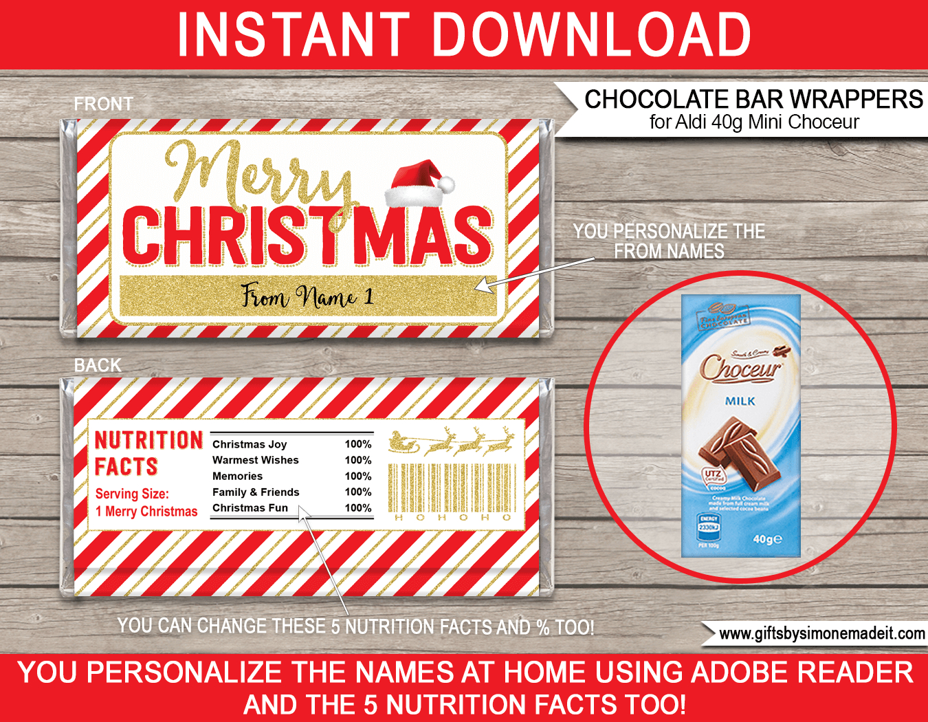 Christmas Chocolate Bar Wrappers (Mini Choceur) - Red &amp;amp; Gold throughout Free Printable Christmas Candy Bar Wrappers