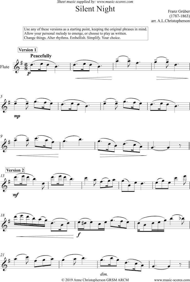 Christmas: Silent Night, Holy Night Solo Flute Classical Sheet Music for Free Printable Flute Sheet Music