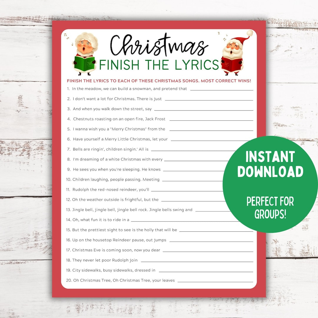 Christmas Song Trivia Game | Finish The Lyrics | Christmas Printable Game | Christmas Family Activity| Christmas Party Game - Etsy throughout Christmas Song Lyrics Game Free Printable